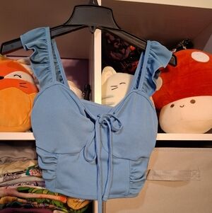 Sky Blue Ruffled Tie-Front Ribbed Crop Top - Women